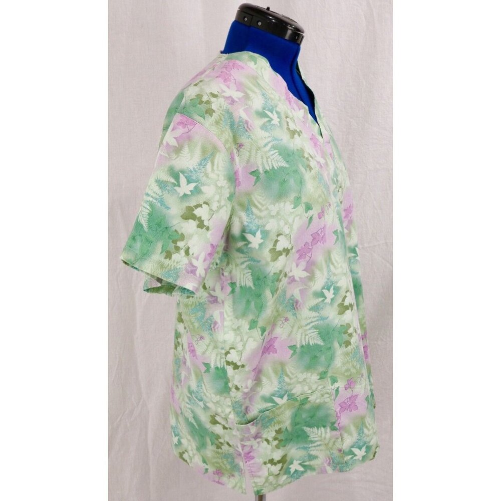 MG Medgear Scrub Top Women XL Green Leaf Floral Medical Uniform Shirt V Neck VTG - Picture 8 of 12